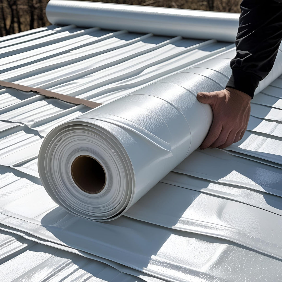 Roofing membrane roll being installed on commercial flat roof