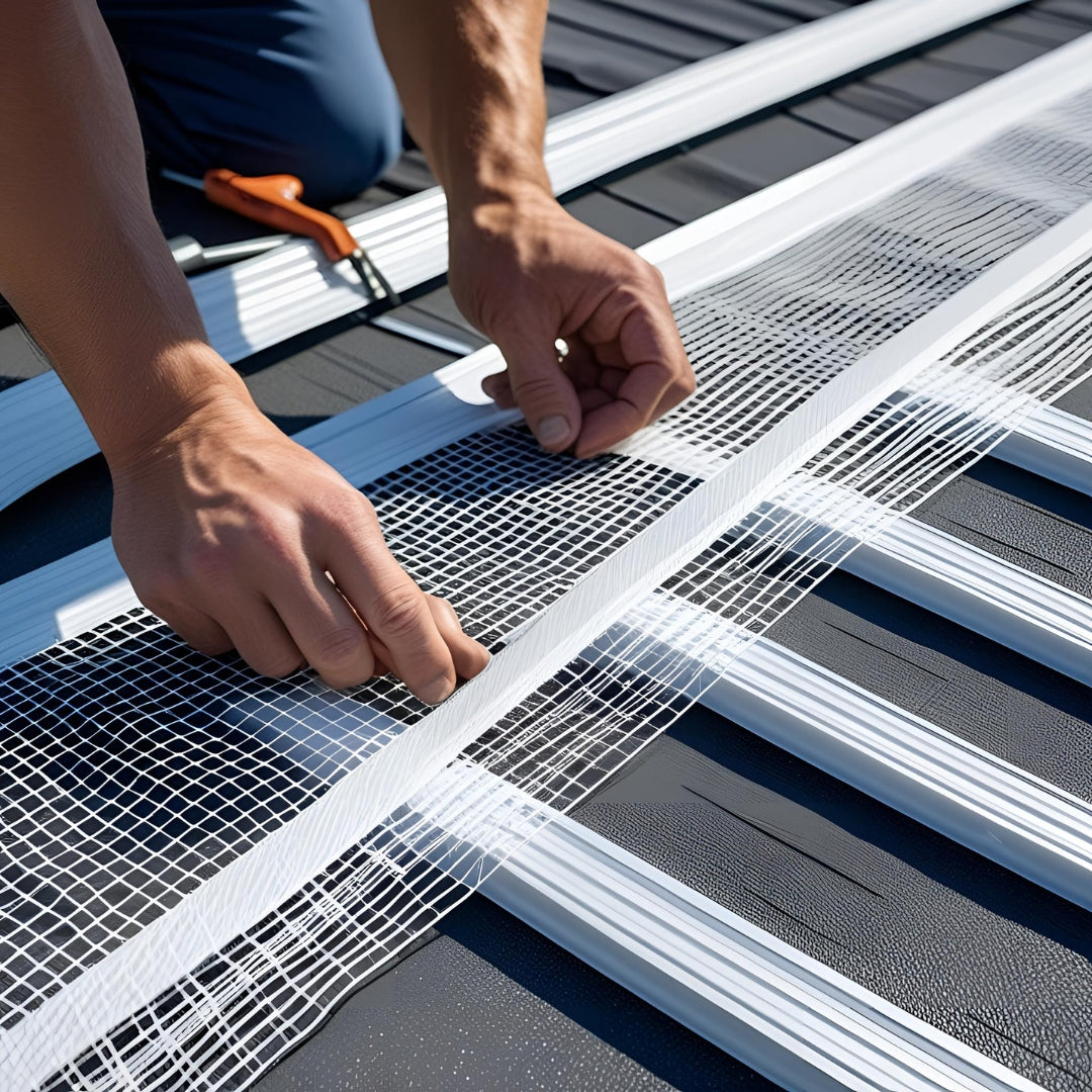 Roofing reinforcement mesh being installed on commercial flat roof